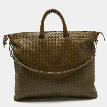 Pre Owned Bottega Veneta Khaki Green Intrecciato Leather Zip Slim Tote
