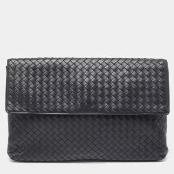 Pre Owned Bottega Veneta Black Intrecciato Leather Flap Snap Pouch