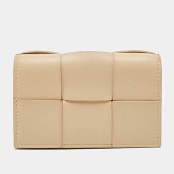 Pre Owned Bottega Veneta Beige Intrecciato Leather Cassette Business Card Case