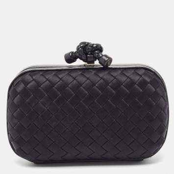 Pre Owned Bottega Veneta Black Intrecciato Satin and Leather Knot Clutch
