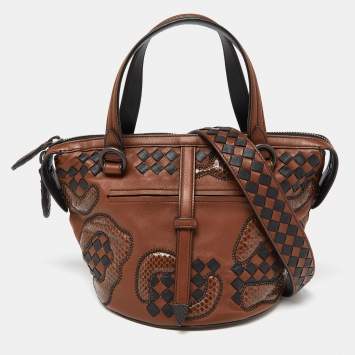 Pre Owned Bottega Veneta Brown/Black Intrecciato Leather and Watersnake Leather Satchel