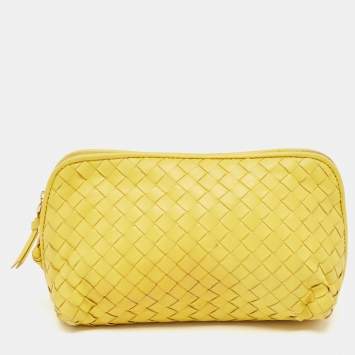 Pre Owned Bottega Veneta Yellow Leather Zip Pouch 