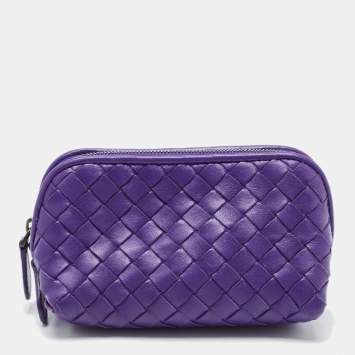 Pre Owned Bottega Veneta Purple Intrecciato Leather Zip Purse