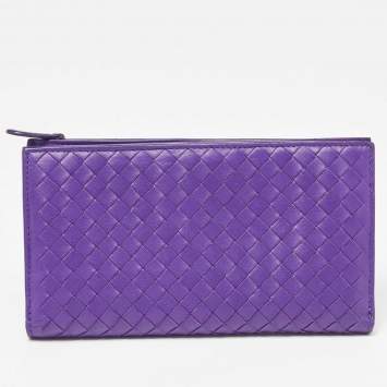 Pre Owned Bottega Veneta Purple Intrecciato Leather Bifold Organizer Wallet