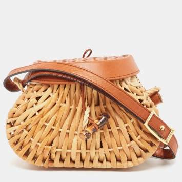 Pre Owned Bottega Veneta Brown/Beige Raffia and Leather Wicker Flap Crossbody Bag