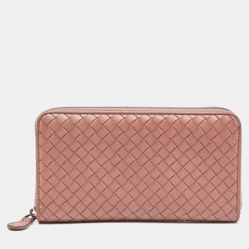 Pre Owned Bottega Veneta Old Rose Intrecciato Leather Zip Around Wallet
