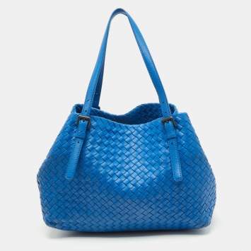 Pre Owned Bottega Veneta Blue Intrecciato Leather Cesta Bag