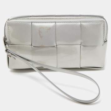Pre Owned Bottega Veneta Grey Intreccio Patent Leather Wristlet Pouch