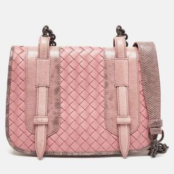 Pre Owned Bottega Veneta Pink Karung and Intrecciato Leather Flap Crossbody Bag