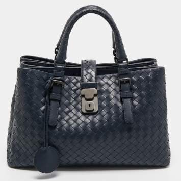 Pre Owned Bottega Veneta Blue Intrecciato Leather Small Roma Tote