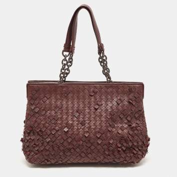Pre Owned Bottega Veneta Burgundy Fringe Intrecciato Leather Medium Accordion Chain Tote