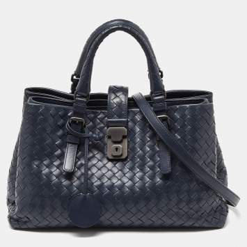 Pre Owned Bottega Veneta Blue Intrecciato Leather Small Roma Tote