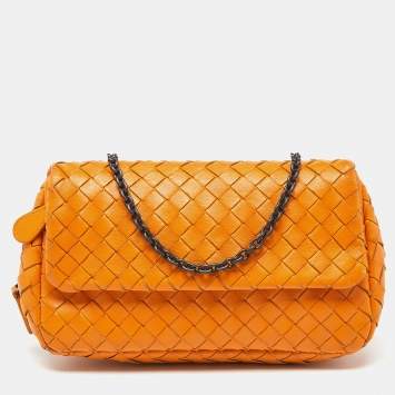 Pre Owned Bottega Veneta Mustard Intrecciato Leather Flap Chain Bag