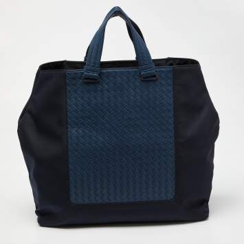 Pre Owned Bottega Veneta Two Tone Blue Intrecciato Leather Tote