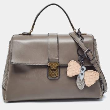 Pre Owned Bottega Veneta Dark Beige Leather Medium Piazza Top Handle Bag
