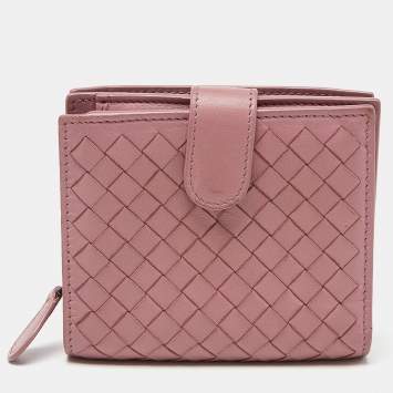 Pre Owned Bottega Veneta Pink Intrecciato Leather French Flap Wallet