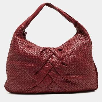 Pre Owned Bottega Veneta Dark Red Pleated Intrecciato Leather Hobo