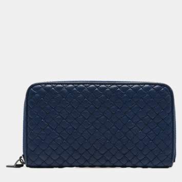 Pre Owned Bottega Veneta Blue Quilted Leather Zip Around Wallet