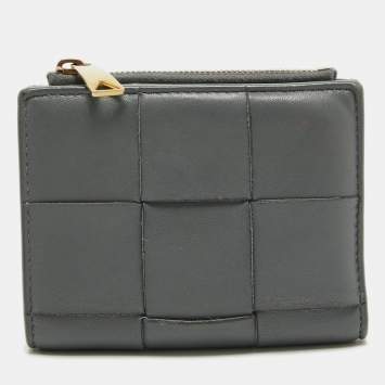 Pre Owned Bottega Veneta Grey Intrecciato Leather Cassette Compact Walllet