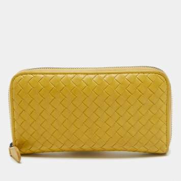 Pre Owned Bottega Veneta Yellow Intrecciato Leather Zip Around Wallet