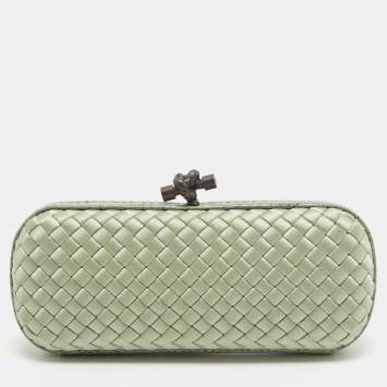 Pre Owned Bottega Veneta Light Green Intrecciato Satin and Watersnake Leather Knot Long Clutch
