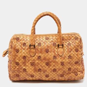 Pre Owned Bottega Veneta Beige Intrecciato Leather Embroidered Floral Satchel