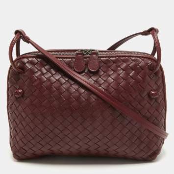 Pre Owned Bottega Veneta Burgundy Intrecciato Leather Nodini Crossbody Bag