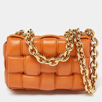 Pre Owned Bottega Veneta Pale Orange Leather Chain Cassette Top Handle Bag