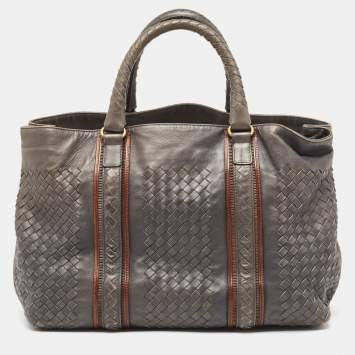 Pre Owned Bottega Veneta Grey Intrecciato Leather Zip Detail Tote