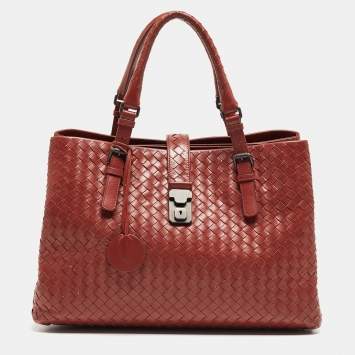 Pre Owned Bottega Veneta  Maroon Intrecciato Leather Medium Roma Tote
