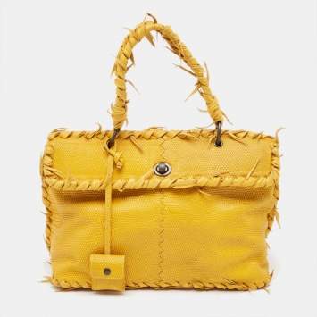 Pre Owned Bottega Veneta Yellow Lizard Turnlock Flap Top Handle Bag