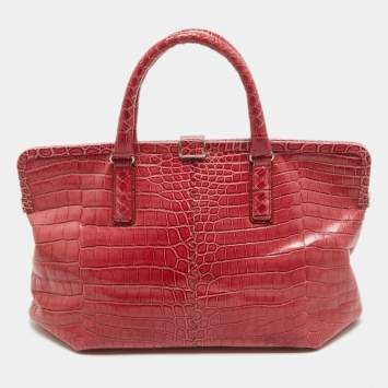 Pre Owned Bottega Veneta Pink Crocodile Frame Tote