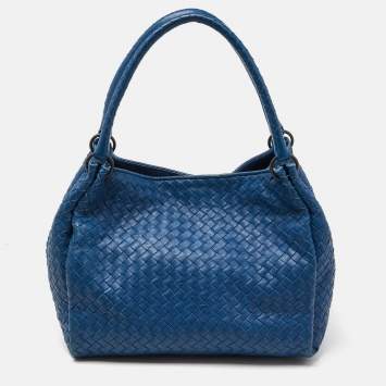 Pre Owned Bottega Veneta Blue Intrecciato Leather Parachute Bag