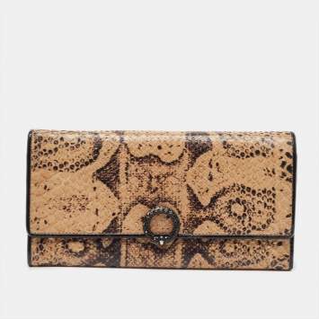 Pre Owned Bottega Veneta Beige/Black Python Clasp Flap Continental Wallet