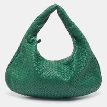 Pre Owned Bottega Veneta Green Intrecciato Leather Large Veneta Hobo