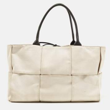 Pre Owned Bottega Veneta Off White/Black Intrecciato Canvas and Leather Arco Tote