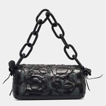 Pre Owned Bottega Veneta Black Intrecciato Leather Limited Edition 050/150 Floral Applique Sienna Bag