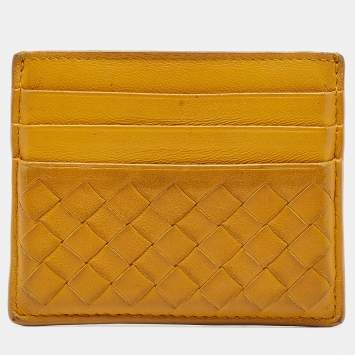 Pre Owned Bottega Veneta Mustard Intrecciato Leather Card Holder