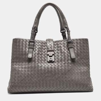 Pre Owned Bottega Veneta Grey Intrecciato Leather Medium Roma Tote