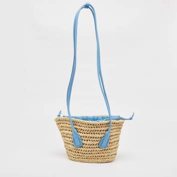 Pre Owned Bottega Veneta Light Blue/Beige Raffia and Leather Small Arco Basket Bag