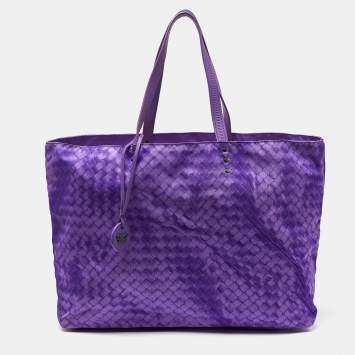 Pre Owned Bottega Veneta Purple Intrecciolusion Nylon and Leather Medium Tote 