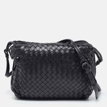 Pre Owned Bottega Veneta Black Intrecciato Leather Nodini Double Zip Crossbody Bag