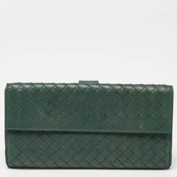 Pre Owned Bottega Veneta Green Intrecciato Leather Flap Continental Wallet