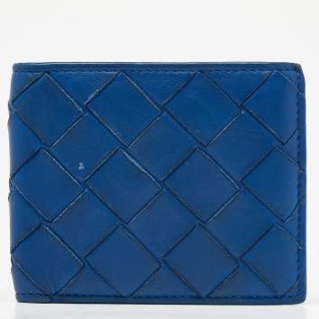 Pre Owned Bottega Veneta Blue Intrecciato Leather Bifold Wallet