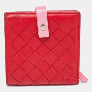 Pre Owned Bottega Veneta Red/Pink Intrecciato Leather French Compact Wallet