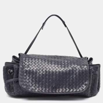 Pre Owned Bottega Veneta Navy Blue Intrecciato Leather Drawstring Flap Bag