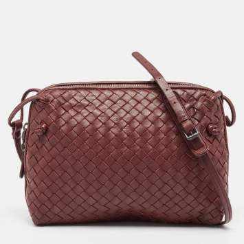 Pre Owned Bottega Veneta Burgundy Intrecciato Leather Nodini Crossbody Bag