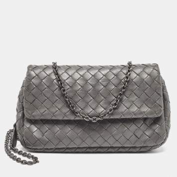 Pre Owned Bottega Veneta Grey Intrecciato Leather Flap Chain Crossbody Bag