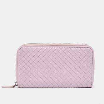 Pre Owned Bottega Veneta Lilac Intrecciato Leather Zip Around Wallet