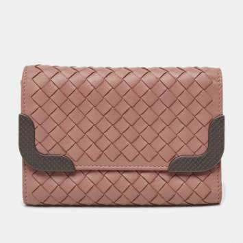 Pre Owned Bottega Veneta Dusty Pink Intrecciato Leather Trifold Wallet